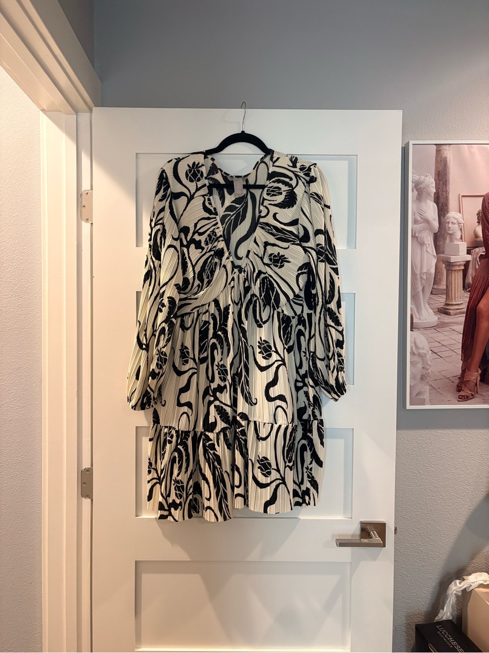 H&M Cream and Black Floral Tiered Long Sleeve Dress with Keyhole